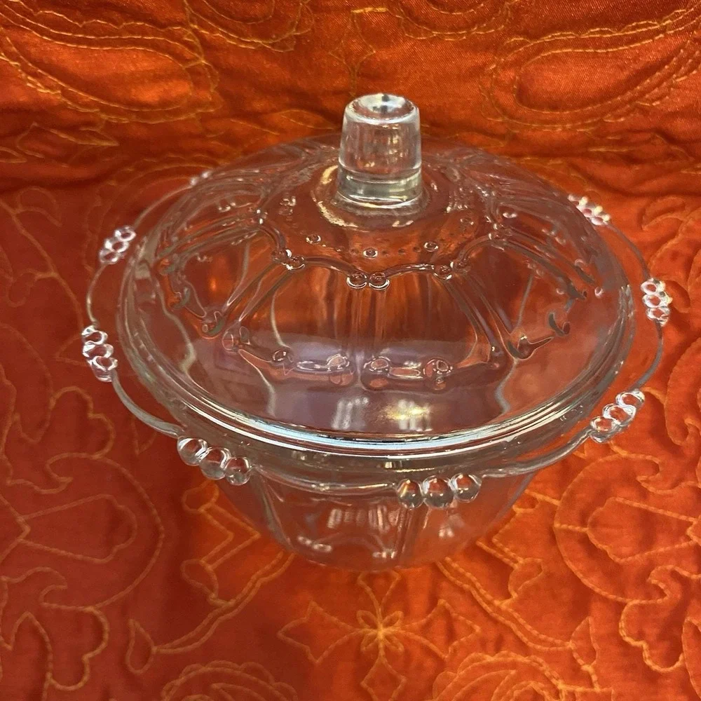 Vintage KIG Indonesia Candy‎ Dish Beaded Clear Pattern Glass 3x5 Round Fancy Lid